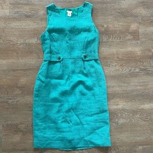 J.Crew Teal Linen Blend Sleeveless Sheath Dress Size 6 Lined Waist Tab Detail